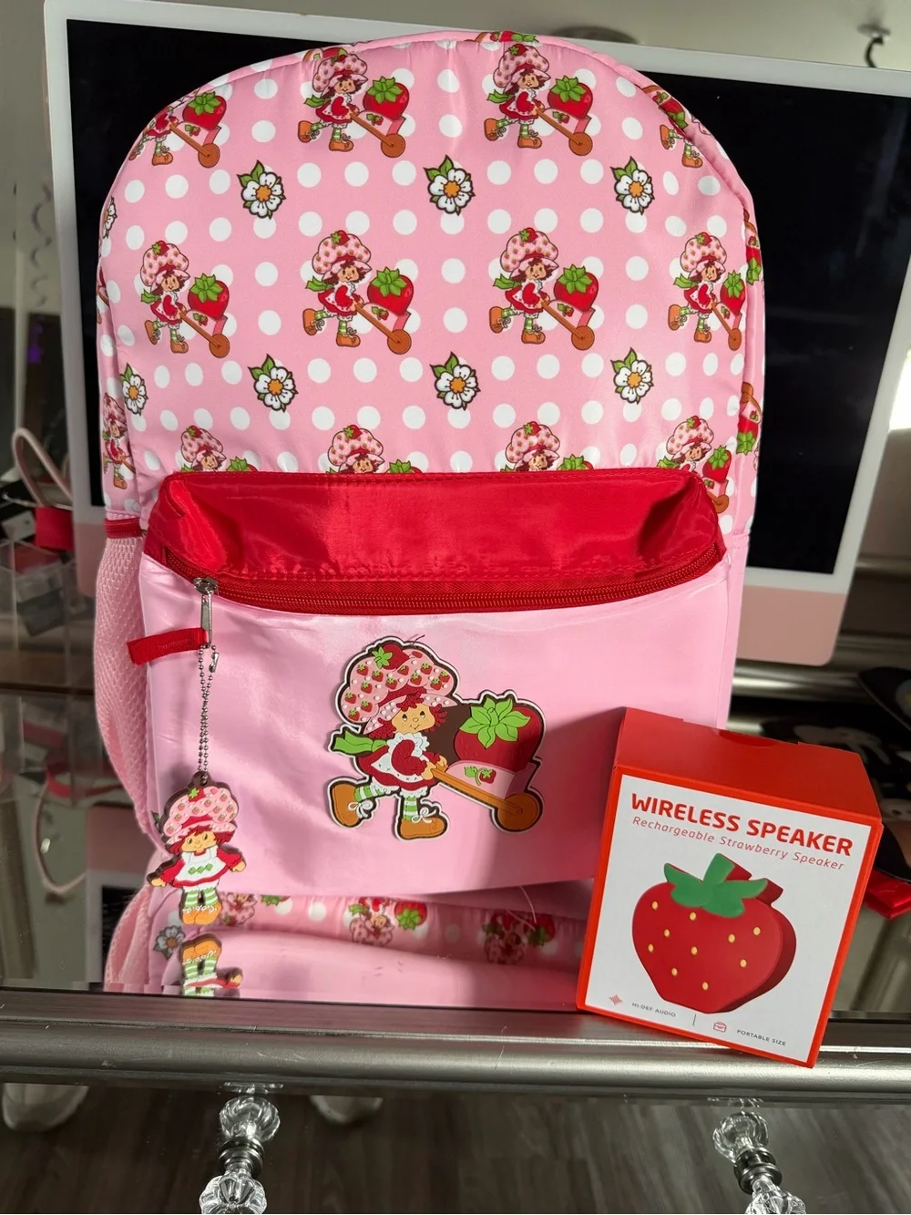Strawberry Shortcake Pink Polka Dot Backpack 16in H 12in W
